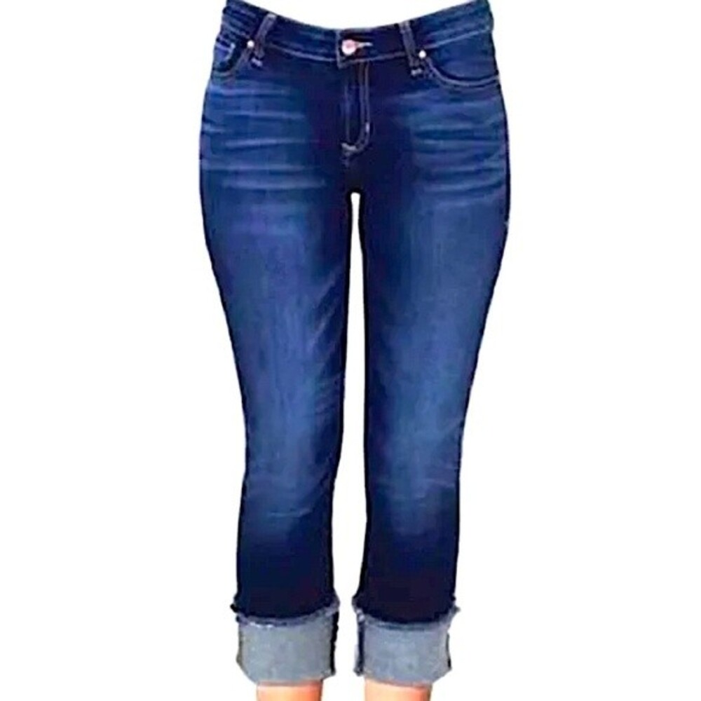 Dear John Playback Cuffed Cropped Straight Leg Dark Wash Raw Hem Jeans Size 25